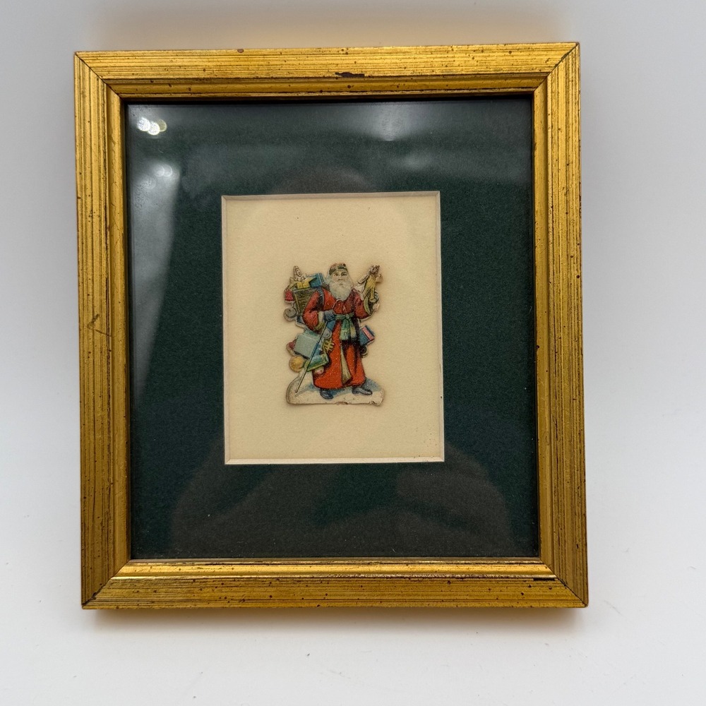 Vintage Victorian Santa Claus Scrap Art Framed Christmas Decor Gold Tone Frame